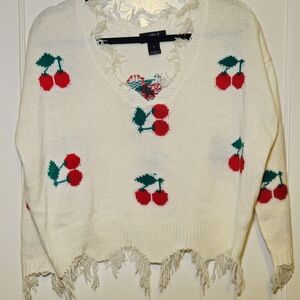 Just Polly Cherry Patterned Frayed Hem Sweater